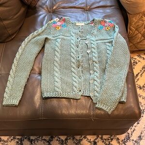 Green Cardigan with Embroidered Flowers